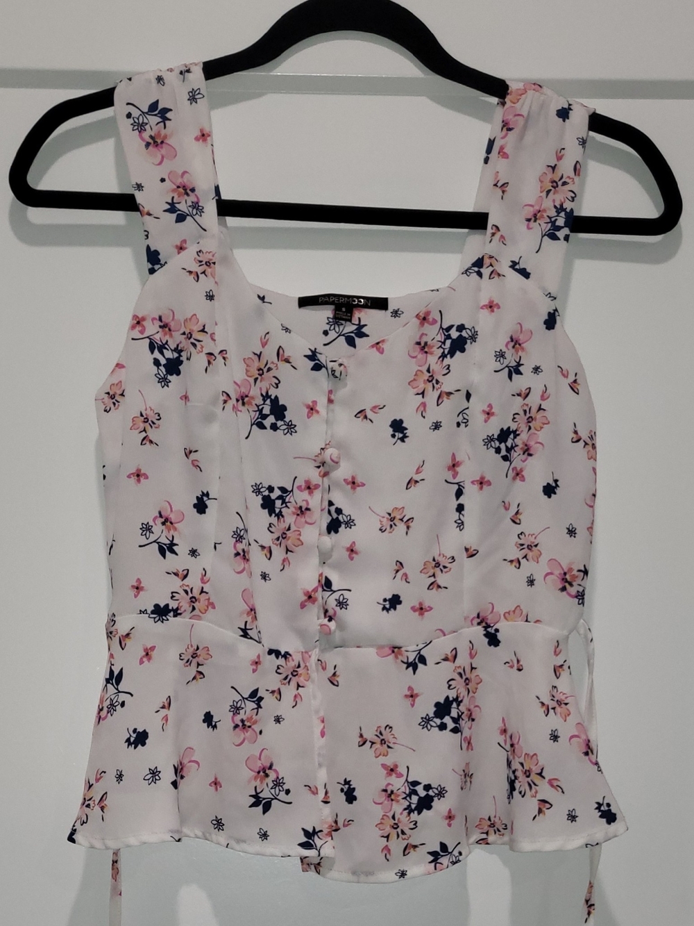 Papermoon White Floral Sleeveless Peplum Top - Pink & Navy